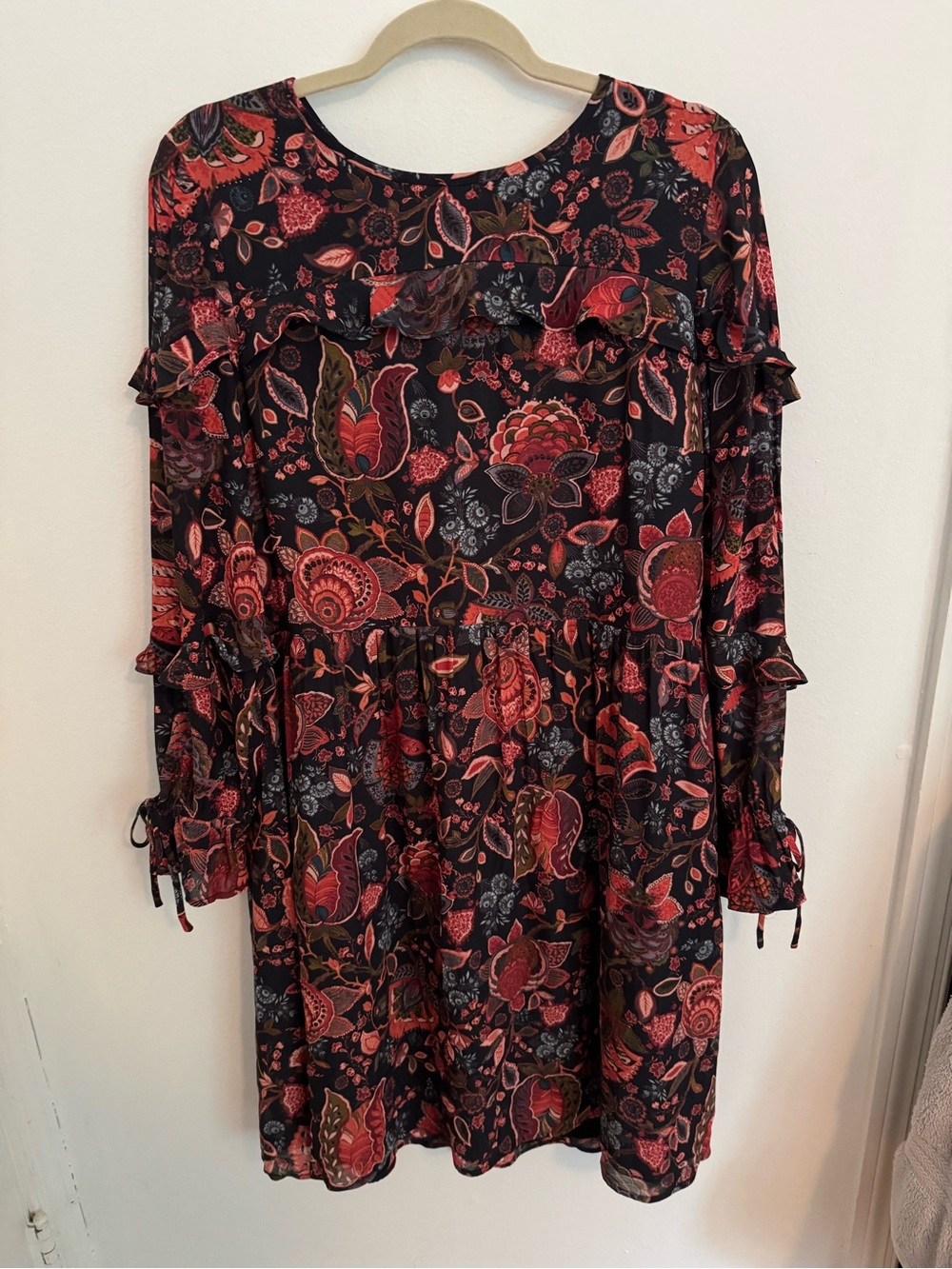 LOFT Black Floral Ruffle Long-Sleeve Dress with Red Accents